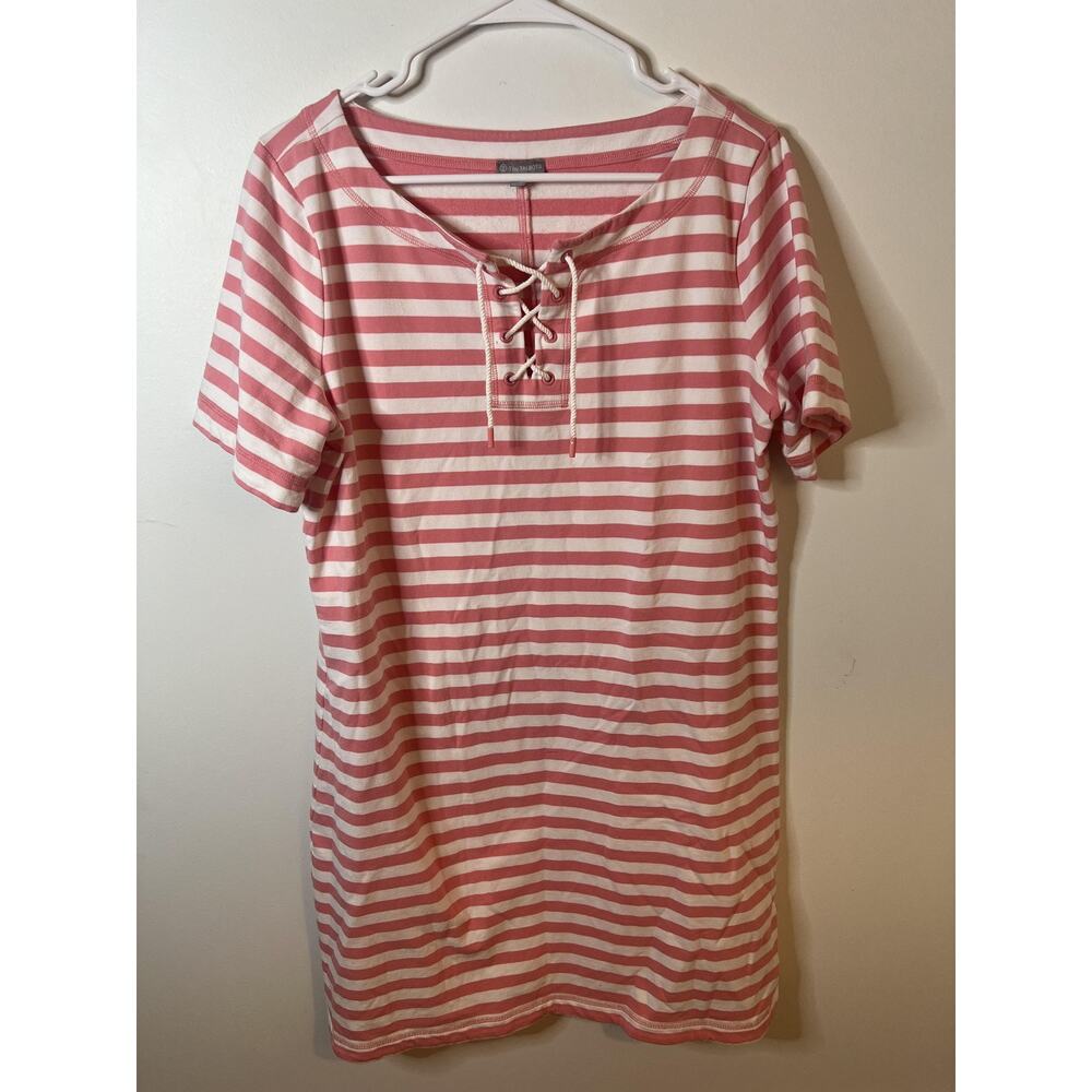 T by Talbots Shirt Women's Large Pink White Stripe Lace‎ Up Short Sleeve Stretch